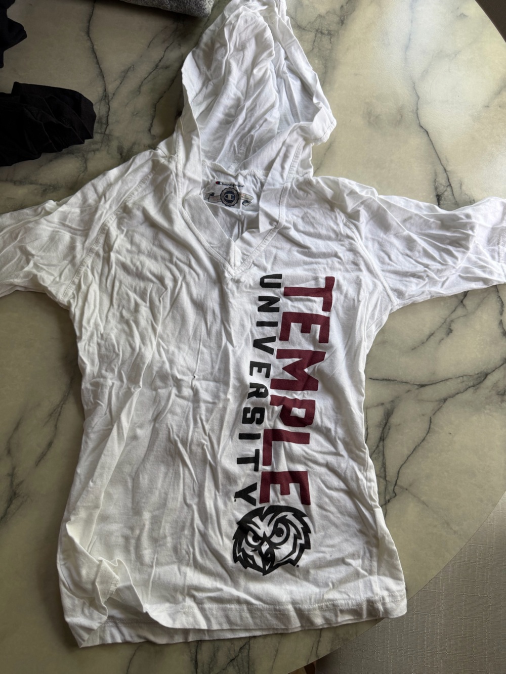 Champion White Temple University Hooded Shirt with Maroon Logo, SZ M
